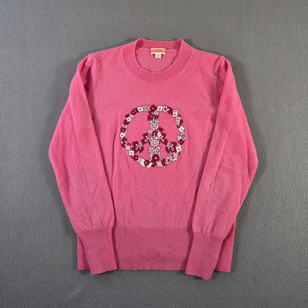 J Crew Sweater Womens XS Pink 100% Cashmere Floral Peace Sign Crewnck Pullover